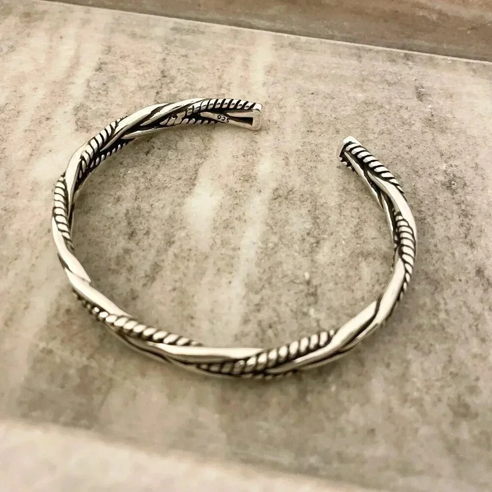 925 Sterling Silver Mens Bangle Bracelet Modern Twist Cuff Bracelet